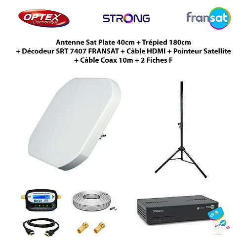 Optex Antenne Sat Plate 40cm + Trépied 180cm + Décodeur SRT 7407 FRANSAT + Câble HDMI + Pointeur Satellite + Câble Coax 10m + 2 Fiches F