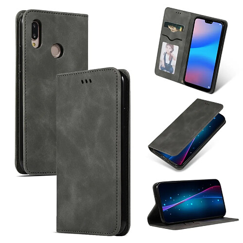 Wewoo Housse Coque en cuir à rabat horizontal magnétique Business Skin Feel Retro pour Huawei P20 Lite gris foncé