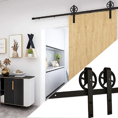 Stoex 150 cm Simple Porte Quincaillerie pour La Prote Simple Coulissante de Grange En Bois Antique Roue de Base à Gros Rayons Noir Roller Kit Système de Porte avec Roulettes et Rail