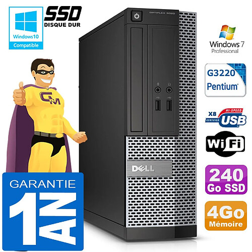 PC DELL 3020 SFF Intel G3220 Ram 4Go Disque 240 Go SSD Graveur DVD Wifi W7 · Occasion