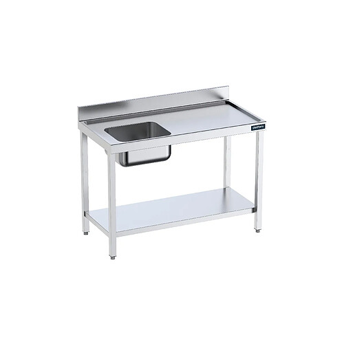 Table de chef Inox avec bac à Gauche, bord anti-ruissellement et étagère - Gamme 700 - Distform