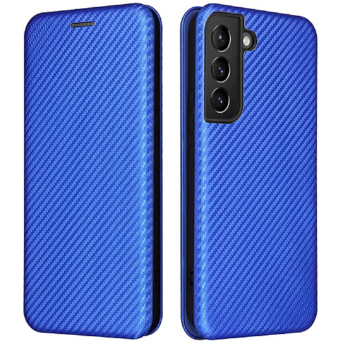 Coque en TPU + PU texture en fibre de carbone, fermeture magnétique avec support et porte-carte bleu pour votre Samsung Galaxy S22