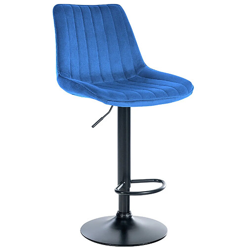 Decoshop26 Tabouret de bar x1 réglable en hauteur pivotant à 360° assise en velours bleu couture verticale pied métal noir 10_0005430