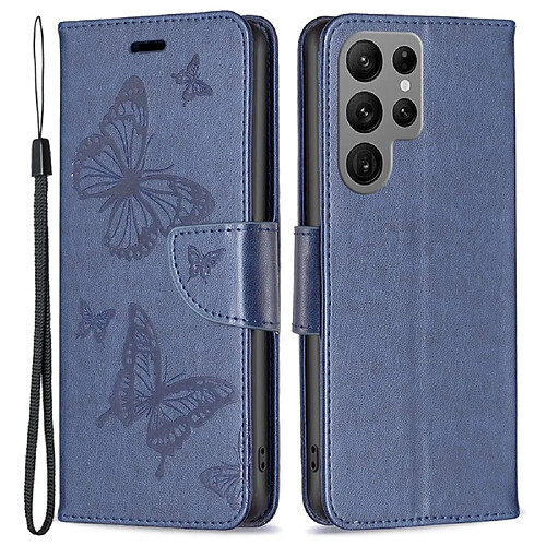 Etui en PU motif papillons, antichocs avec support pour votre Samsung Galaxy S23 Ultra - bleu foncé