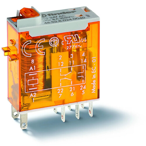 relais - 2 contacts - 8a - 24 volts dc - indicateur mécanique - finder 465290240040