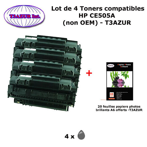 4 Toners génériques HP CE505A ,HP 05A pour HP LaserJet P2030 P2035 P2050 P2055 +20f papiers photos A6 -T3AZUR