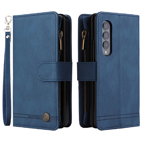 Etui en PU motif rayures avec support, porte-cartes et pochette zippée bleu pour votre Samsung Galaxy Z Fold3 5G