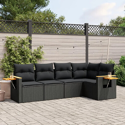 vidaXL Salon de jardin 5 pcs avec coussins noir résine tressée