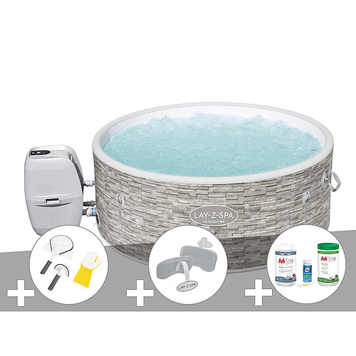 Kit spa gonflable Bestway Lay-Z-Spa Vancouver rond Airjet Plus 3/5 places + Kit traitement brome + 2 appuie-têtes + Kit de nettoyage