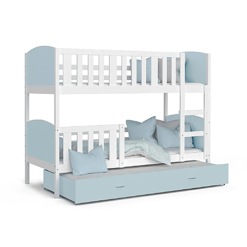 Kids Literie Lit Superposé 3 Places Tomy 90x190 Blanc - bleu Livré avec sommiers, tiroir et matelas en mousse de 7cm