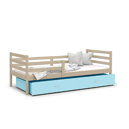 Kids Literie Lit Enfant Milo 90x190 Pin - bleu Livré avec sommiers, tiroir et matelas en mousse de 7cm