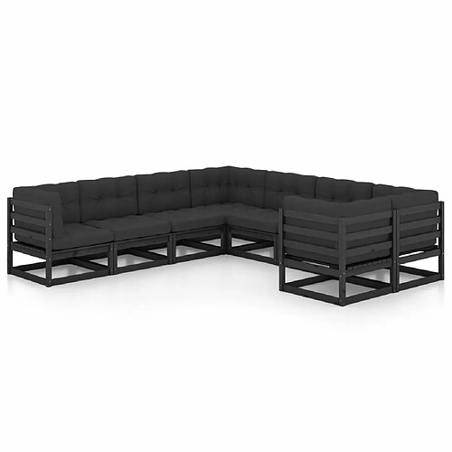 Maison Chic Salon de jardin 8 pcs + coussins - Mobilier/Meubles de jardin - Table et chaises d'extérieur Noir Bois de pin massif -MN63181