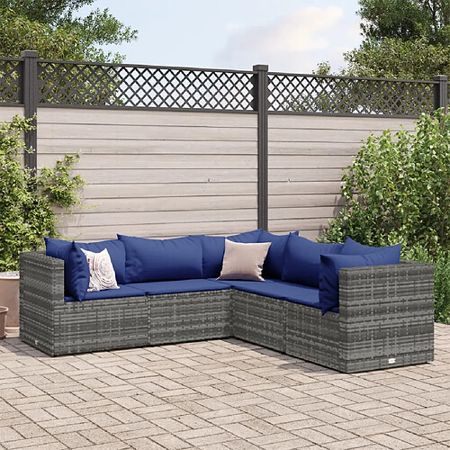 vidaXL Salon de jardin 5 pcs avec coussins Gris Résine tressée