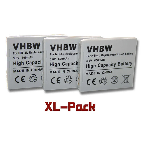 Vhbw 3 x batteries Li-Ion 600mAh (3.6V) pour Canon Powershot, Ixus und Digital Ixus, par exemple: 50, 115HS, 130, i7, SD450. Remplace: NB-4L.