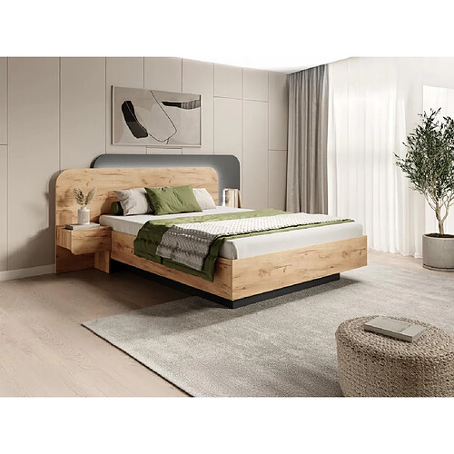 Vente-Unique Lit avec chevets 160 x 200 cm - Avec LEDs - Coloris : Naturel et anthracite + Sommier + Matelas - DESADO