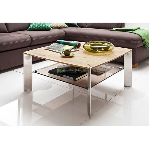 Pegane Table basse en chêne massif et verre - L80 x H41 x P80 cm