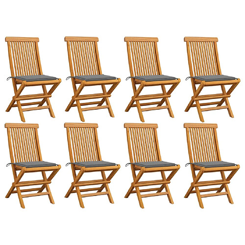 vidaXL Chaises de jardin et coussins gris lot de 8 Bois de teck massif