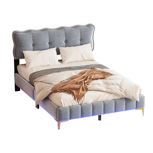 KOMHTOM Lit double rembourré gris 140 x 200 cm, tissu velours avec éclairage LED, cadre à lattes et pieds en métal (matelas non inclus)