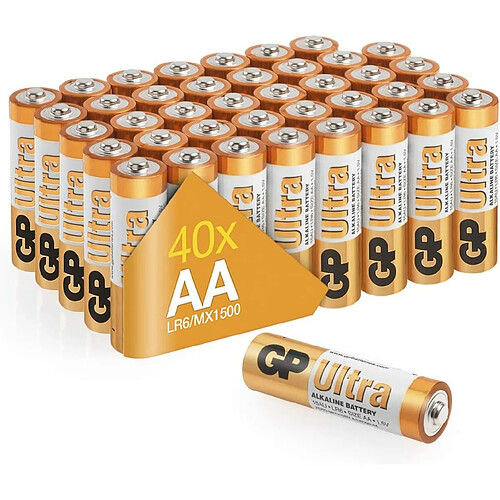 Piles AA - Lot de 40 Piles | GP Ultra | Batteries Alcalines AA LR6 1,5v | Longue durée, très puissantes, utilisation quotidienne