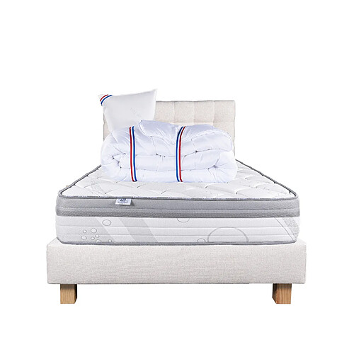 LUXURY LITERIE Ensemble matelas Relaxation 90x190 cm + sommier beige ep20cm + oreiller + couette + Tête de Lit