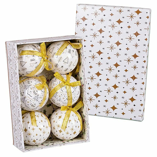 BigBuy Christmas Boules de Noël Blanc Doré Papier Polyfoam 7,5 x 7,5 x 7,5 cm (6 Unités)