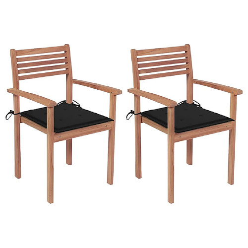 vidaXL Chaises de jardin lot de 2 et coussins noir Bois de teck massif