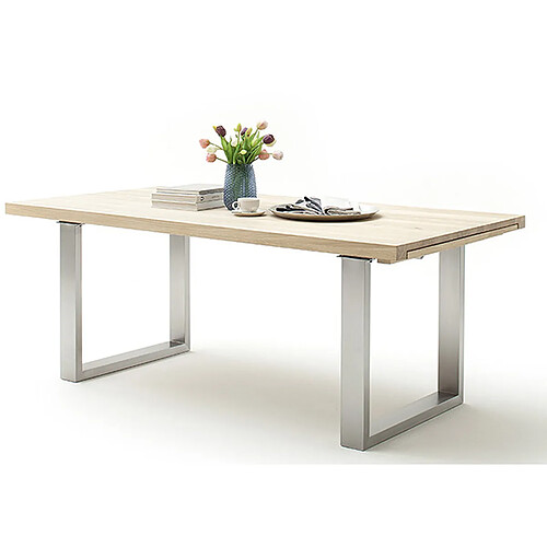 Pegane Table à manger extensible en chêne blanchi massif huilé / acier - L.220-320 x H.77 x P.100 cm