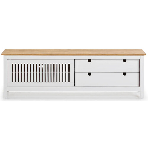 Pegane Meuble TV en pin massif décor ciré chêne et blanc, meuble de rangement - Longueur 158 x Profondeur 40 x Hauteur 49.6 cm