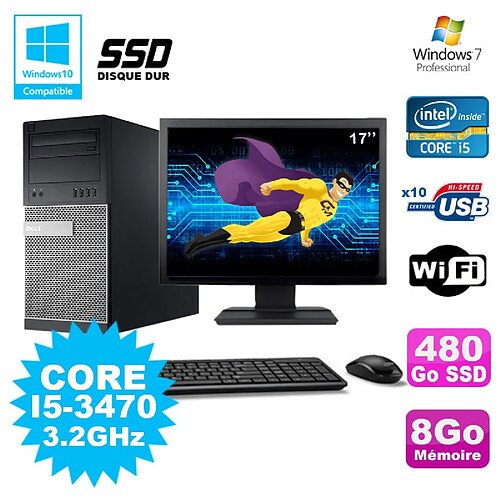 Lot PC Tour Dell 790 I5-3470 3.2Ghz 8Go 480Go SSD DVD WIFI Win 7 + Ecran 17" · Occasion