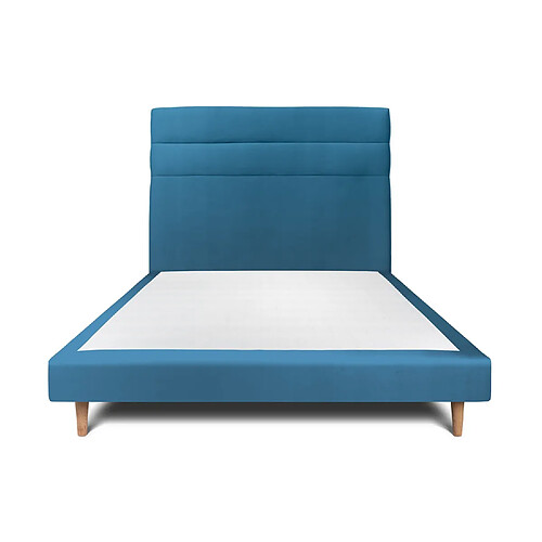 Sommeil de plomb Lit 135x190cm avec tête de lit lignes velours et sommier tapissier Bleu - Hauteur totale : 29cm