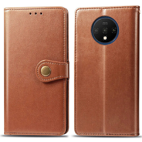 Wewoo Housse Coque Pour One Plus 7T Étui en cuir de couleur unie rétro avec boucle de protection téléphone portable cadre photo et fente carte et fonction support et portefeuille Marron