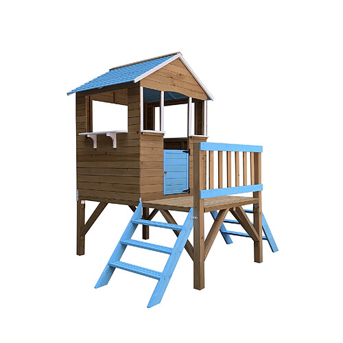 Maisonnette en Bois pour Enfants Robincool Blue Melody 198x170x197 cm 3,23 m² avec 2 Hauteurs, Porche, Garde-Corps et Escaliers