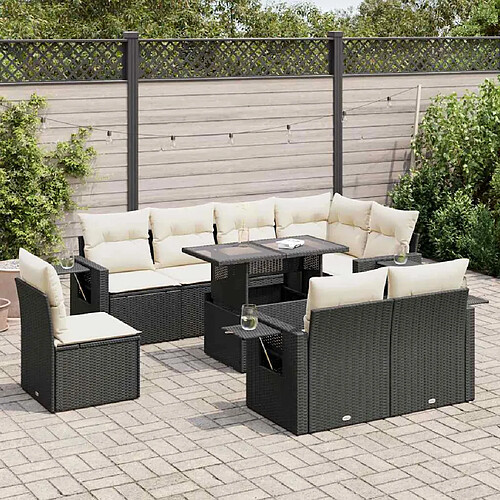 vidaXL Salon de jardin 9 pcs avec coussins noir résine tressée