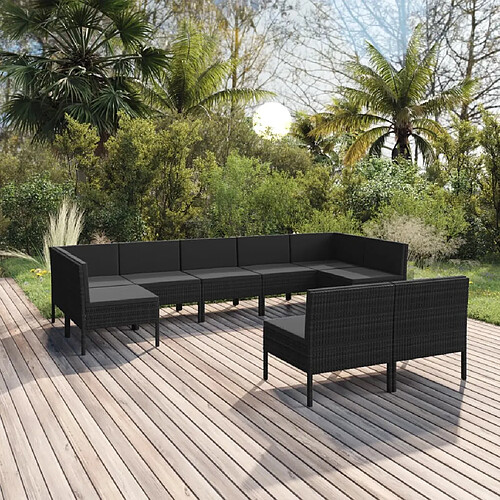 vidaXL Salon de jardin 9 pcs avec coussins Résine tressée Noir