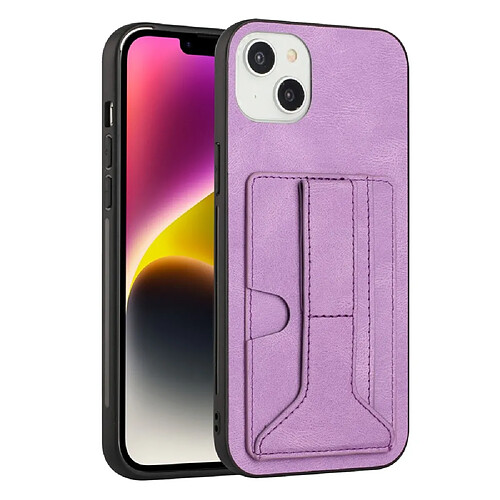 Coque en TPU + PU anti-chocs avec béquille et porte-carte pour votre iPhone 14 - violet