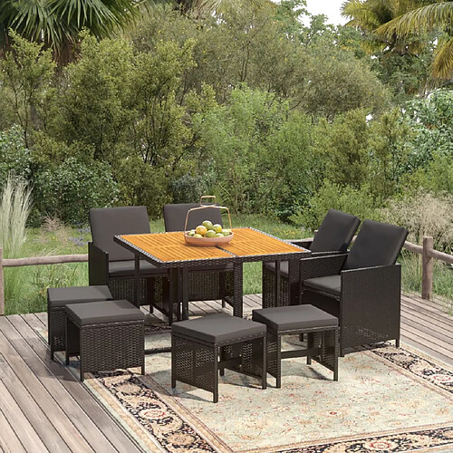 vidaXL Ensemble à manger de jardin coussins 9pcs Résine tressée Noir