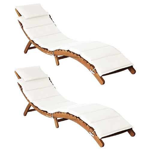 vidaXL Chaises longues et coussins 2pcs Crème blanc Bois massif acacia