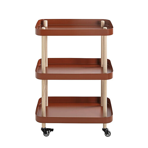 Pegane Chariot de service, desserte en bois coloris naturel et métal rouge - longueur 50 x profondeur 30 x hauteur 76 cm