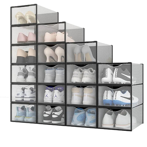 Secury-T Lot de 18 Boîtes à Chaussures/Rangement Transparentes Noires Empilables en Plastique 33.4x23x14.5cm