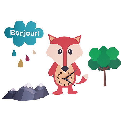 horloge murale 3d muet avec un animal de bande dessinée pour le renard