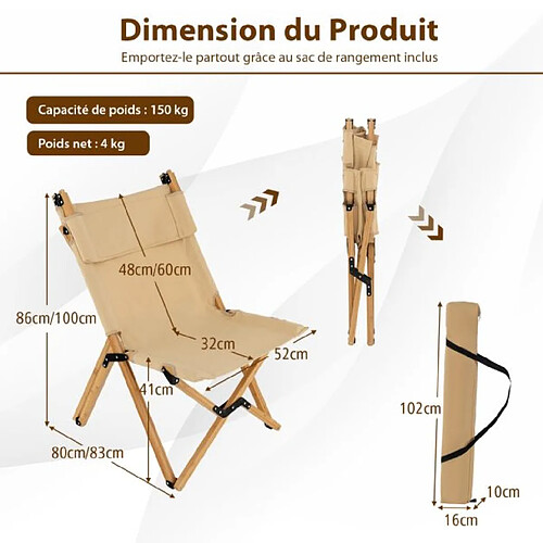 Helloshop26 Chaise de camping pliante en bambou charge 150kg avec dossier ajustable 48/60cm en toile légère sac de transport beige 20_0008101