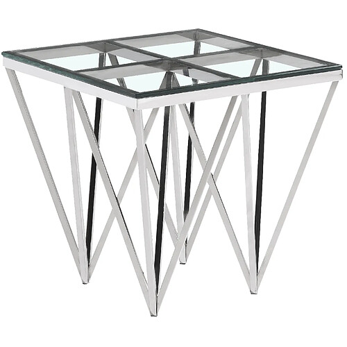 Vivenla Table d'appoint design en acier inoxydable poli argenté et plateau en verre trempé transparent L. 55 x P. 55 x H. 52 cm collection VERONA