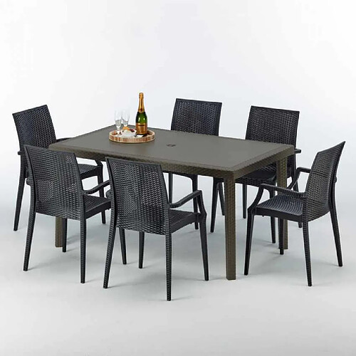 Grand Soleil Table rectangulaire 6 chaises Poly rotin resine 150x90 marron Focus, Chaises Modèle: Bistrot Arm Anthracite noir