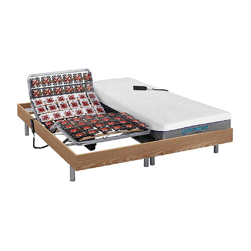 Vente-Unique Lit électrique de relaxation tout plots + matelas mémoire de forme - 2 x 70 x 190 cm - Chêne - HESIODE III de DREAMEA