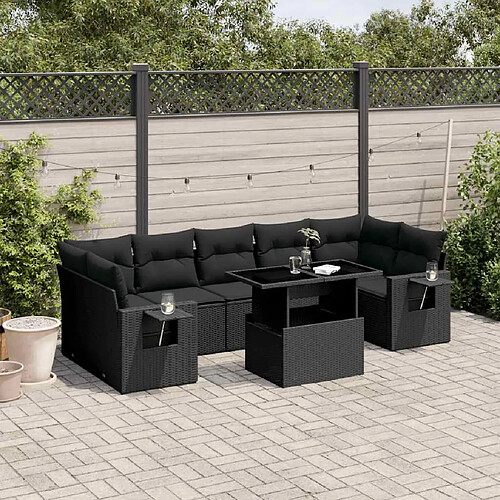 vidaXL Salon de jardin 8 pcs avec coussins noir résine tressée