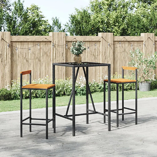 vidaXL Ensemble de bar jardin 3 pcs noir poly rotin/bois massif acacia