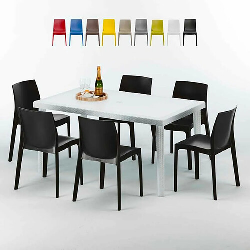 Table Rectangulaire Blanche 150x90cm Avec 6 Chaises Colorées Grand Soleil Set Extérieur Bar Café Rome Summerlife, Couleur: Noir