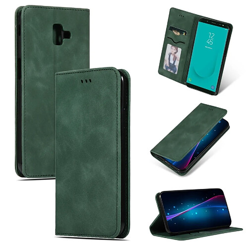 Wewoo Housse Coque en cuir à rabat horizontal magnétique Business Skin Feel Retro pour Samsung Galaxy J6 Plus 2018 et J6 Prime vert armée