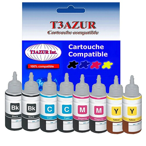 Set de 8 bouteilles encre compatibles pour Epson EcoTank ET4500, ET2550, ET2500 - T3AZUR