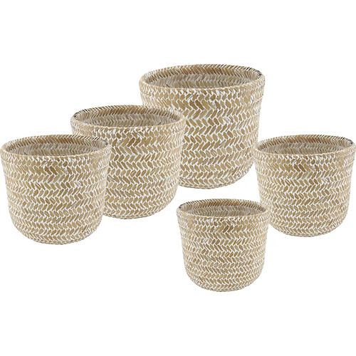 Aubry Gaspard Cache pot rond en bambou patiné (Lot de 5) blanc.